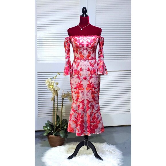 Marchesa Notte Women Red Pink Embroidery Tea Length Dress Off Shoulder Sz 6 2569 - Picture 2 of 16